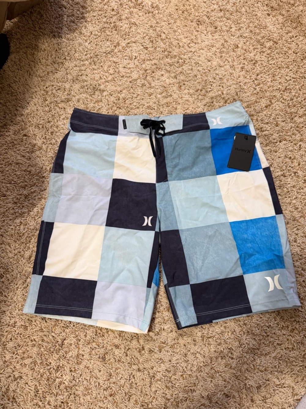 Hurley Men’s Blue and White Check Board Shorts